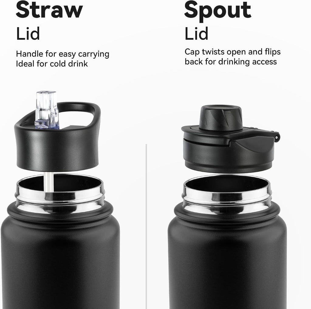 24oz Insulated Water Bottle with Straw Lid, Stainless Steel Metal Water Bottle with Straw & Wide Mouth Lid, Double Wall Vacuum Water Bottle for Hiking Camping, Black 4 Pack