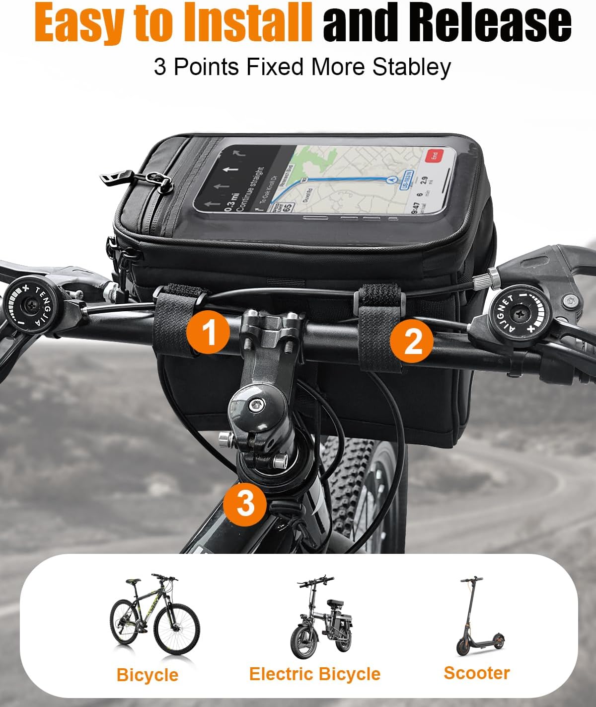 Bike Handlebar Insulated Bag, Waterproof Mountain Bike Crossbar Front Bike Phone Bag Cooler Storage Pouch with TPU Touch Screen Insulation for Outdoor Hiking Travel 4L
