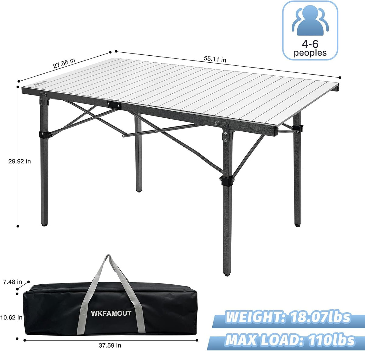 29.9" Tall Folding Camping Table for 2-6 Person, 54.7" Large Aluminum Foldable Roll-up Table Outdoor with Carry Bag for Picnic, Camp, Sturdy, Backyard, Patio
