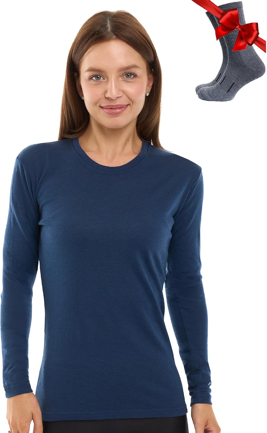 100% Merino Wool Base Layer Women - Long Sleeve Thermal Shirt with Socks