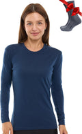 100% Merino Wool Base Layer Women - Long Sleeve Thermal Shirt with Socks