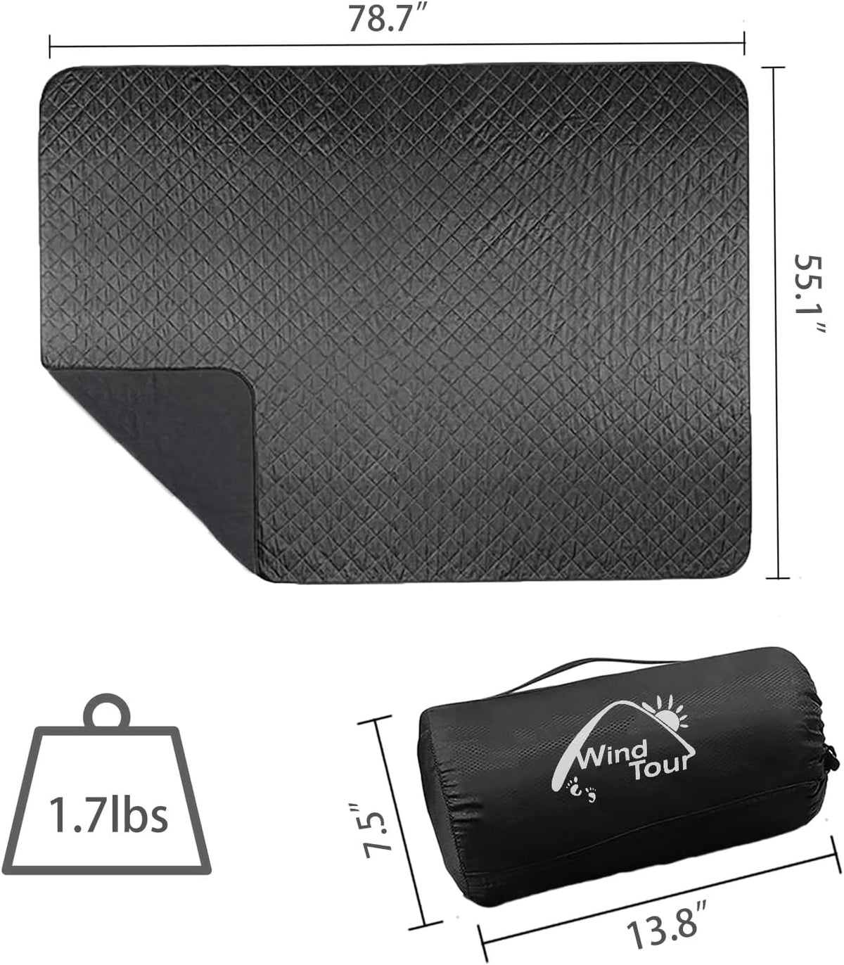 Wind Tour Warm Polar Fleece Blanket Picnic Outdoor & Beach, Machine Washable Camping Quilt for Cold Weather, Adventure, Sleeping, Backpacking (Black)