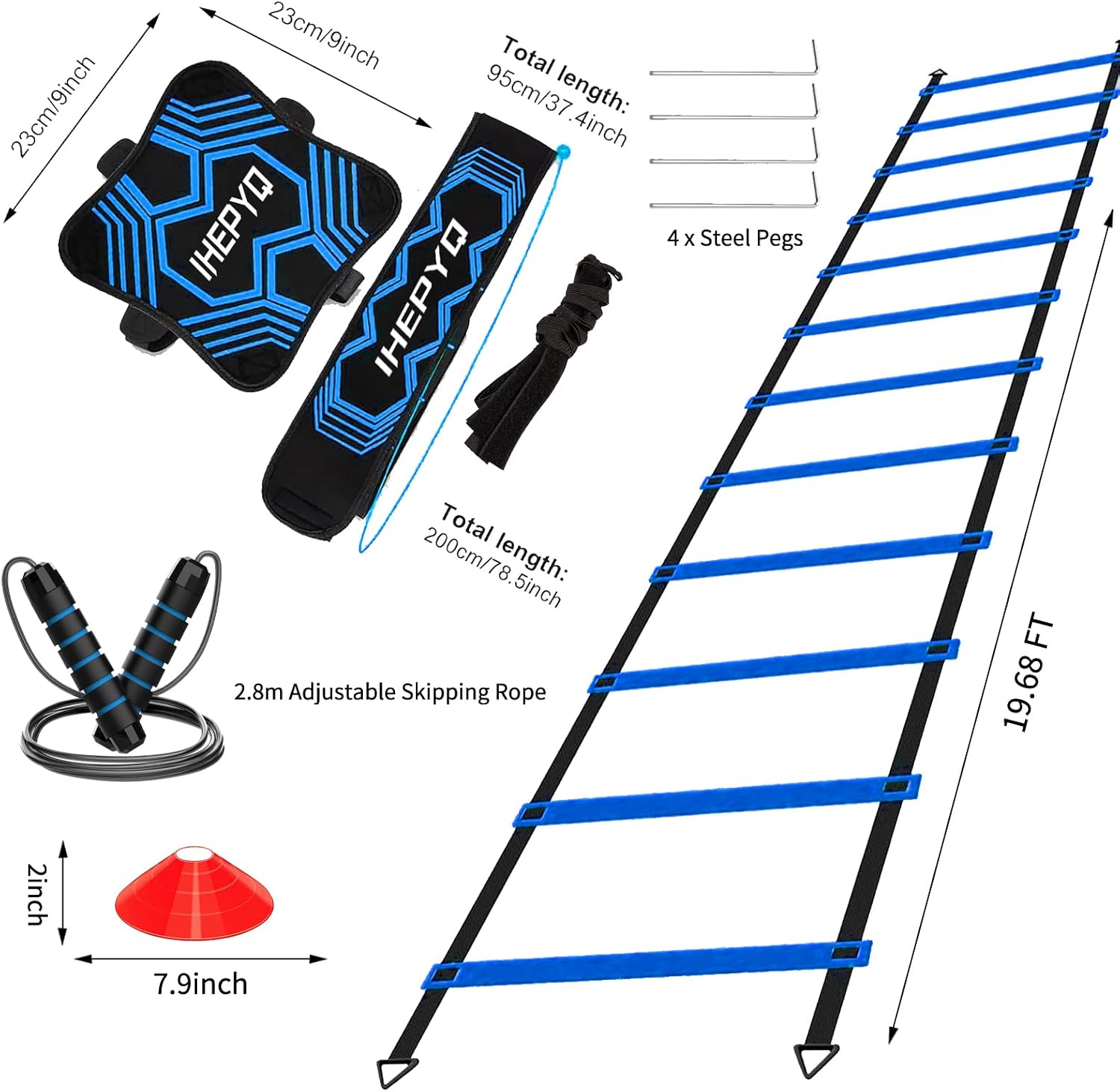 IHEPYQ Soccer Agility Training Equipment Set, 12 Rung 20Ft Agility Ladder, 12 Disc Cones, 4 Steel Stakes, Solo Soccer Trainer, Jump Rope - Speed Training Equipment for Soccer Football Basketball