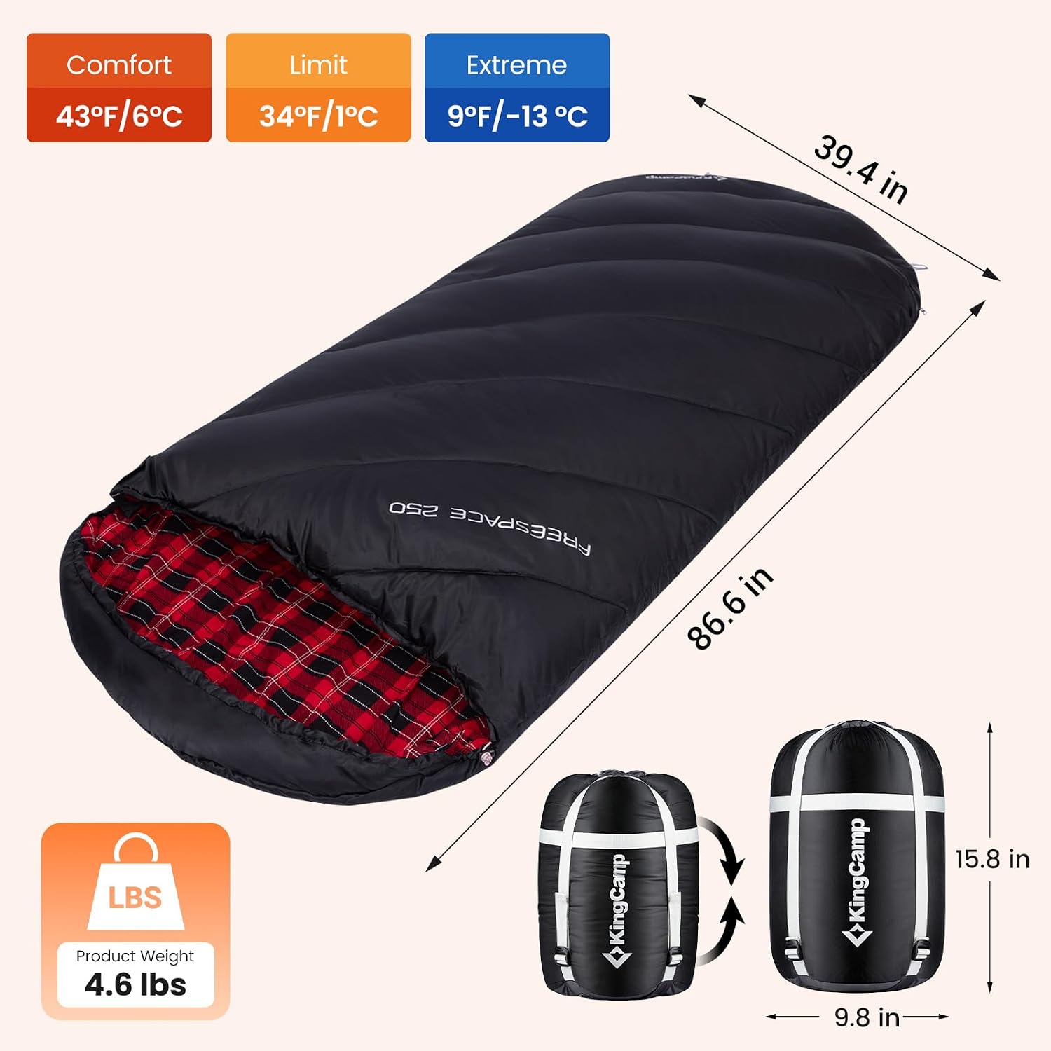 KingCamp Sleeping Bag for Adults Big & Tall 100% Flannel Sleeping Bag