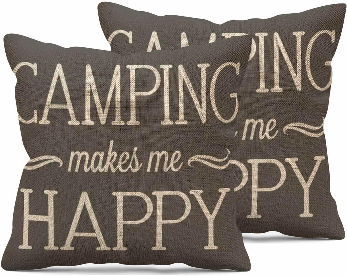 Camping Makes Me Happy Pillowcases Set of 2 18x18 Gray Background Throw Pillow Covers Pillow Cushion Case Polyester Linen for Sofa Couch Bedroom Living Room Car