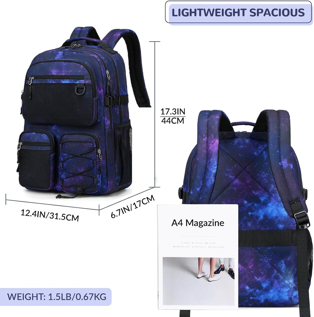 Lohol Multi-Pocket Backpack for Travel College, Heavy Duty Big Bookbag with 15.6 inch Laptop Compartment (Black Purple Galaxy