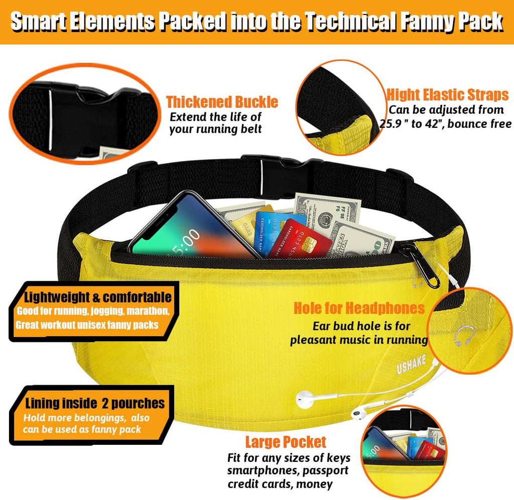USHAKE Running Belt,Men or Women Ultra Light Bounce Free Waist Pouch Bag Fitness Workout Belt Sport Waist Pack Exercise Waist Bag for iPhone Samsung LG in Running Gym Marathon (YELLOW)