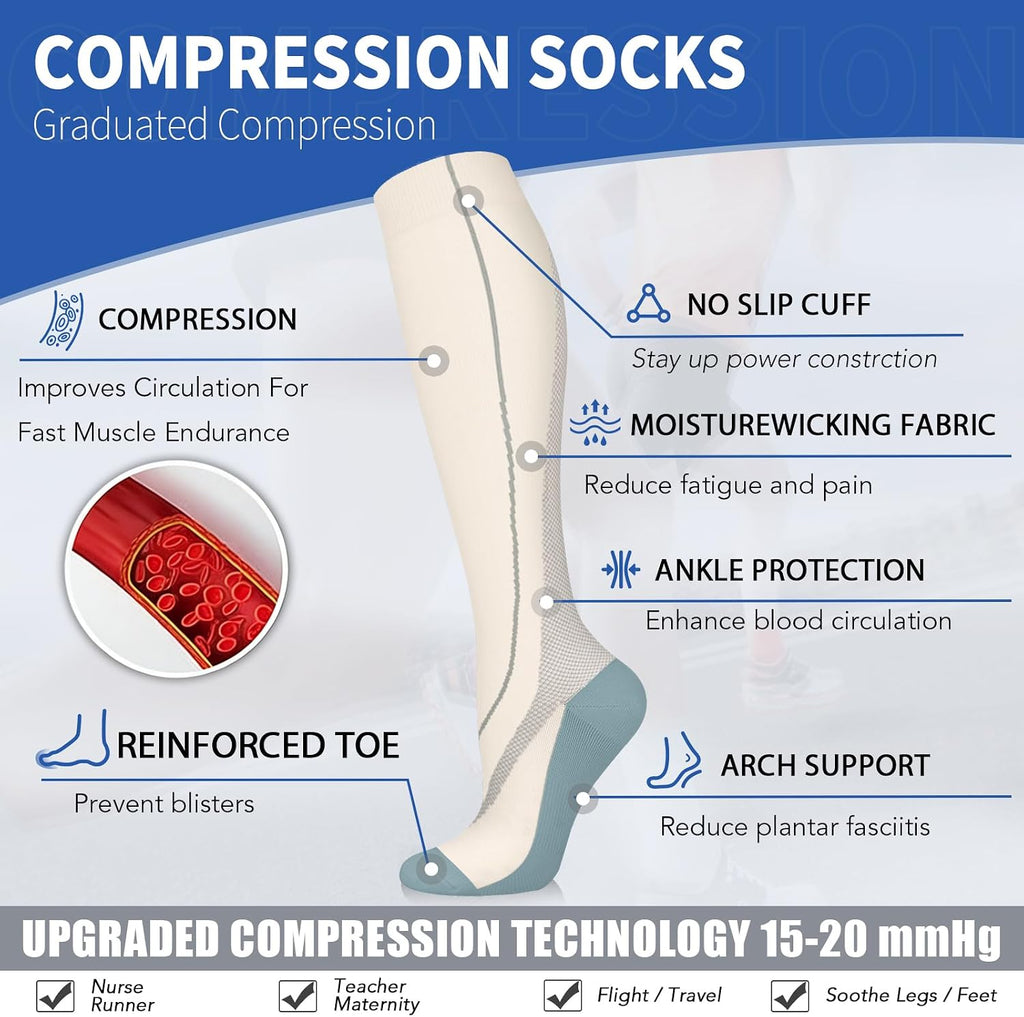Sooverki Copper Compression Socks for Men & Women 8 Pack 15-20mmHg - Knee High Stockings Best Support for Running Athletic