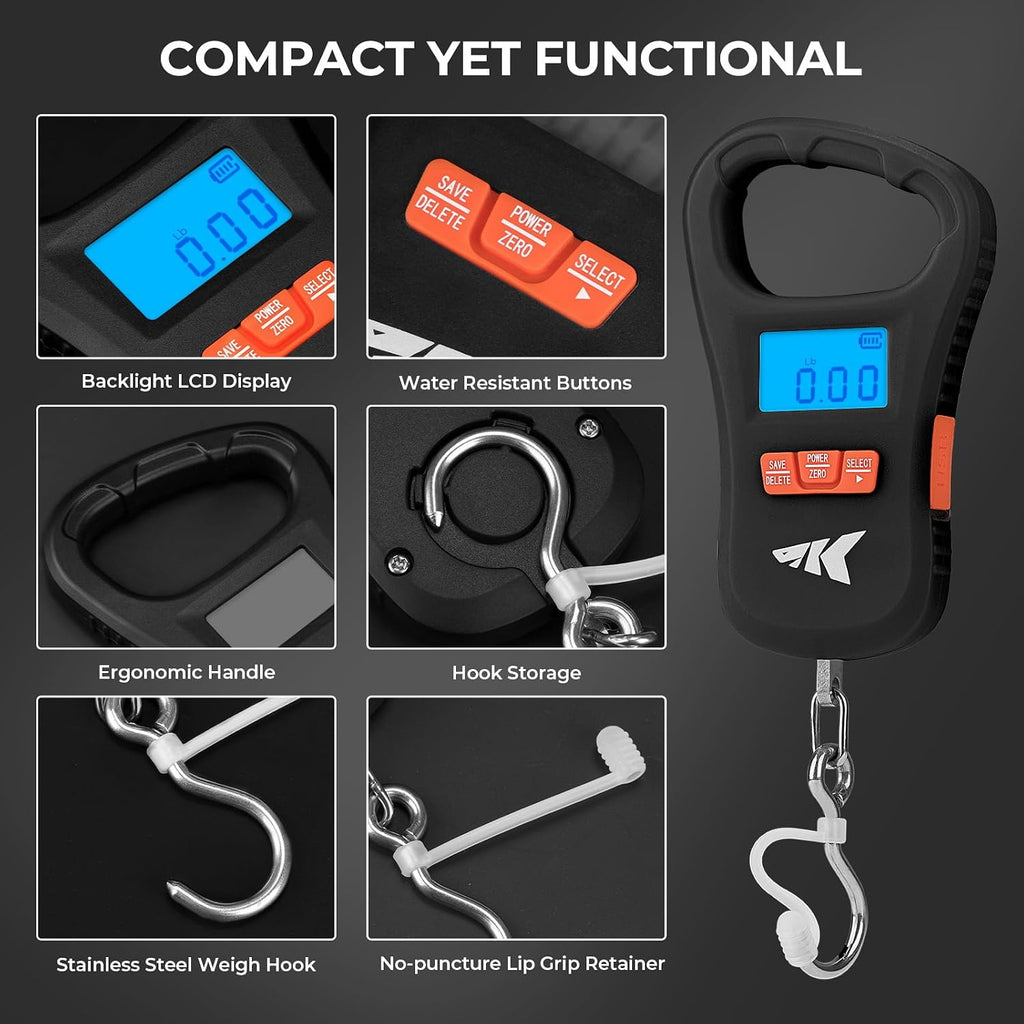 KastKing ToughTide USB Charging Fish Scale with Lip Gripper, Black Combo