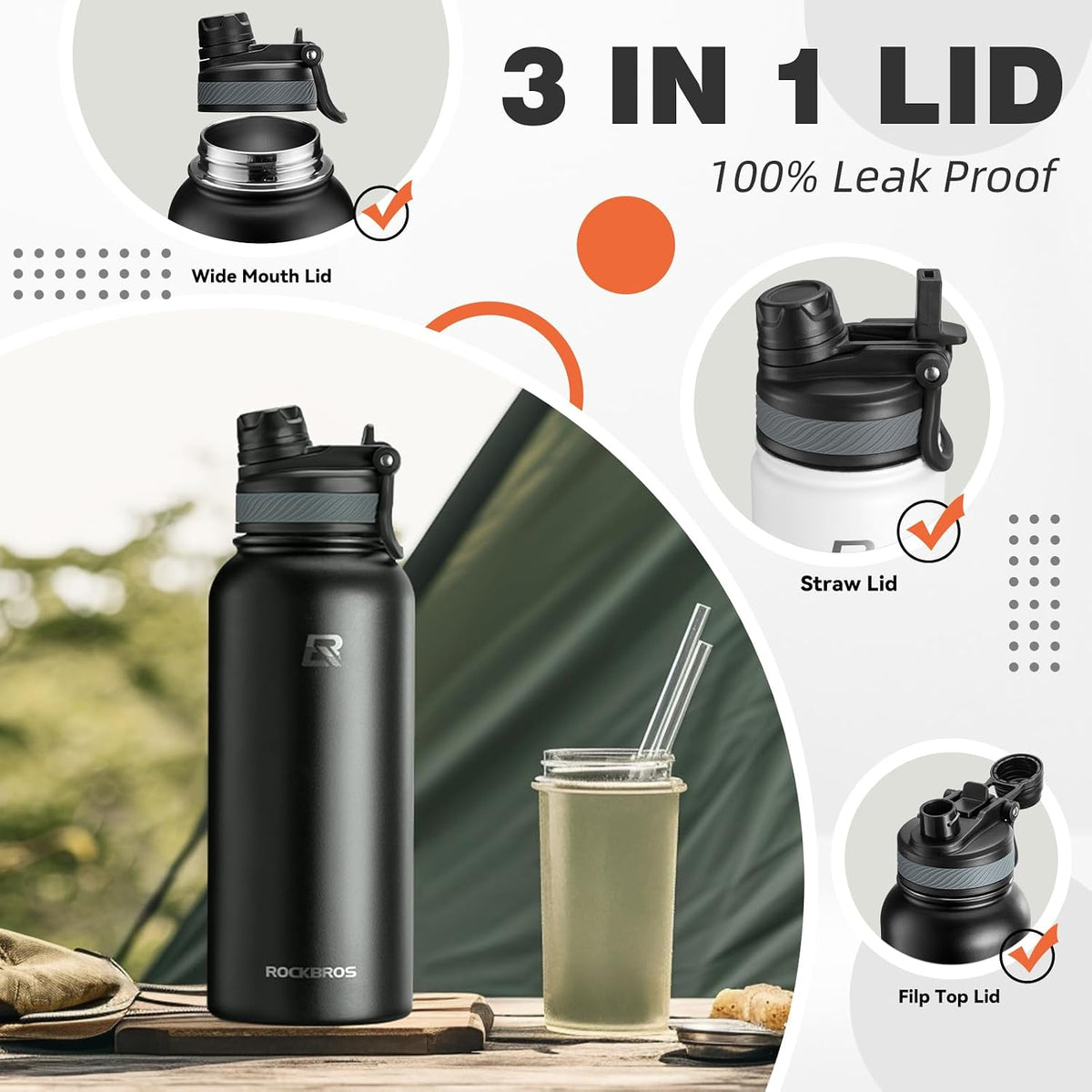 ROCKBROS Insulated Water Bottle with Straw, Stainless Steel Sports Bottle
