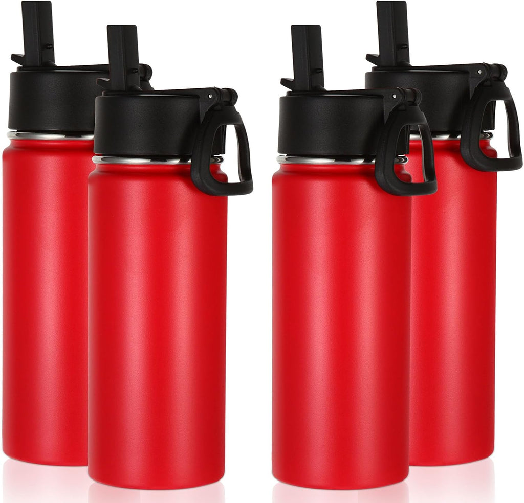 Volhoply 16 OZ Kids Water Bottle Bulk 4 Pack,Insulated Sports Bottles with Straw Lid,Stainless Steel Bottle with Handle Keep Cold & Hot,Double Wall Vacuum Tumbler Cups for School,Girls(Red, 4)