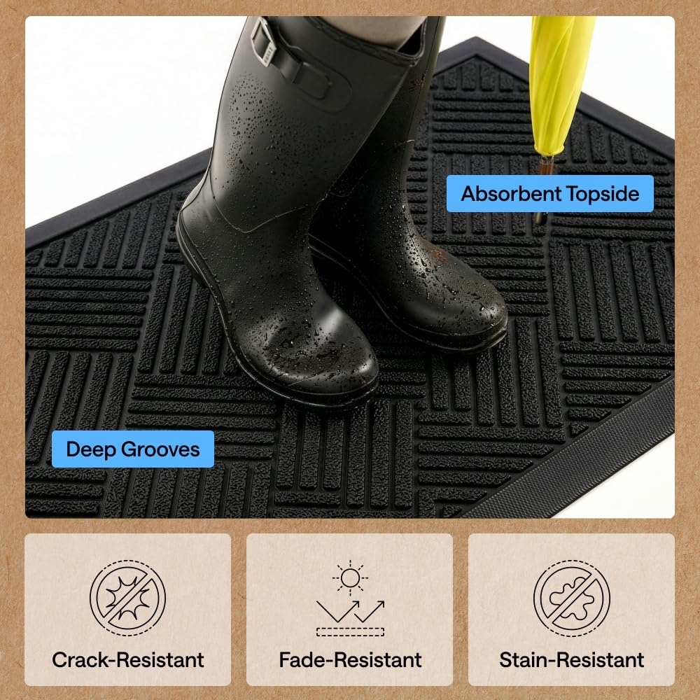GORILLA GRIP WeatherMAX Door Mat, Indoor Outdoor Use, 29x17, Black Diamond