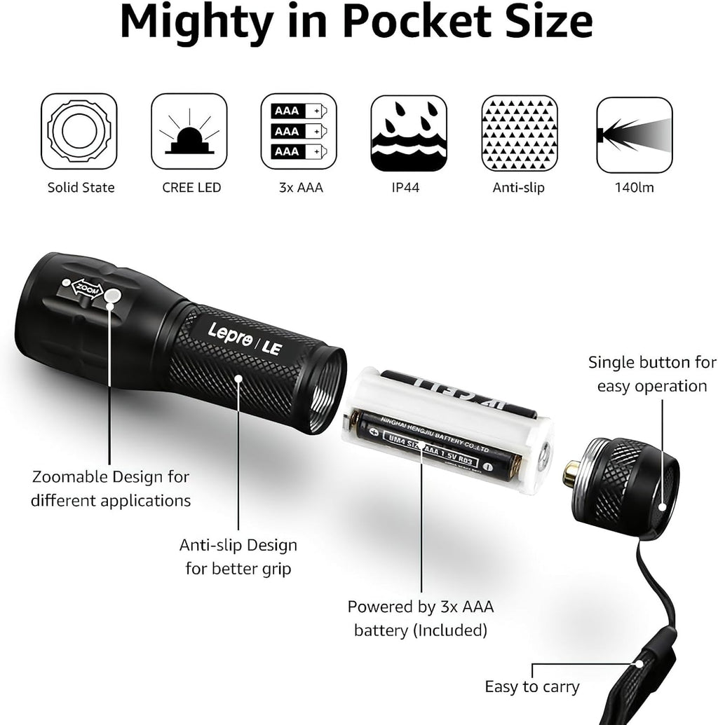 Lepro Lighting Ever LED Flashlight, High Lumens Waterproof Adjustable Focus