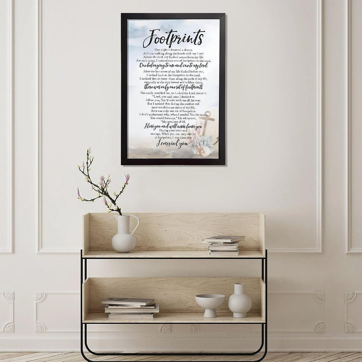 Footprints in the Sand Religious Canvas Wall Art Posters, Inspirational Beach Sunset Poem Print Poster (Black Framed 24x36inch, Footprints(6))