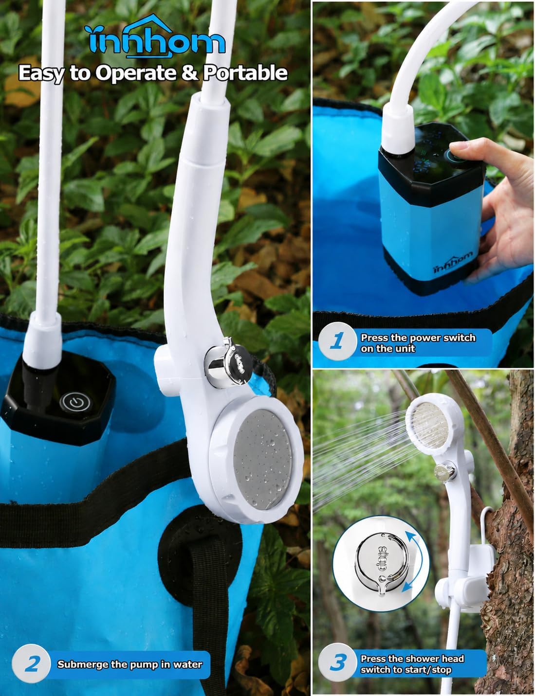 innhom Portable Shower for Camping, 6000mAh Rechargeable Camp Shower Pump with LED Display, IPX7 Waterproof & 2 Spray Modes Electric Outdoor Shower for Hiking, Travel, Car Washing, Pet Bathing