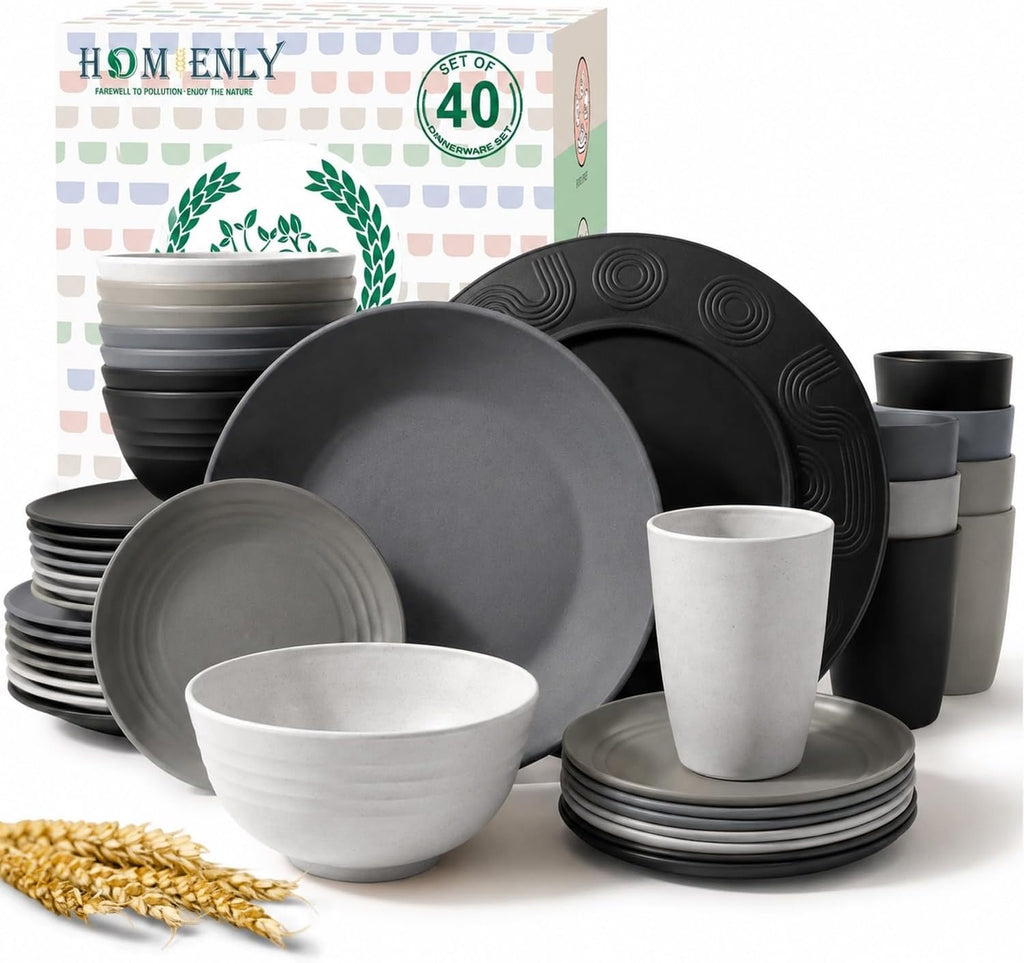 Homienly 40 PCS Kitchen Plates and Bowls Sets for 8 Wheat Straw Dinnerware Sets Microwave and Dishwasher Safe Camping Dish Set Plate Set, Kids, Reusable, Unbreakable, Lightweight-BlackGrey