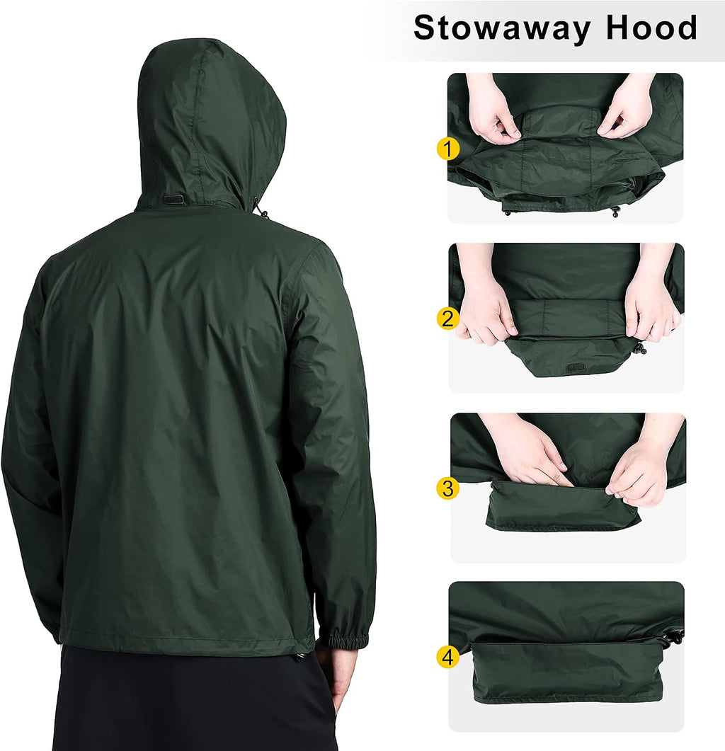 Outdoor Ventures Men's Rain Jacket Waterproof Lightweight Packable Raincoat