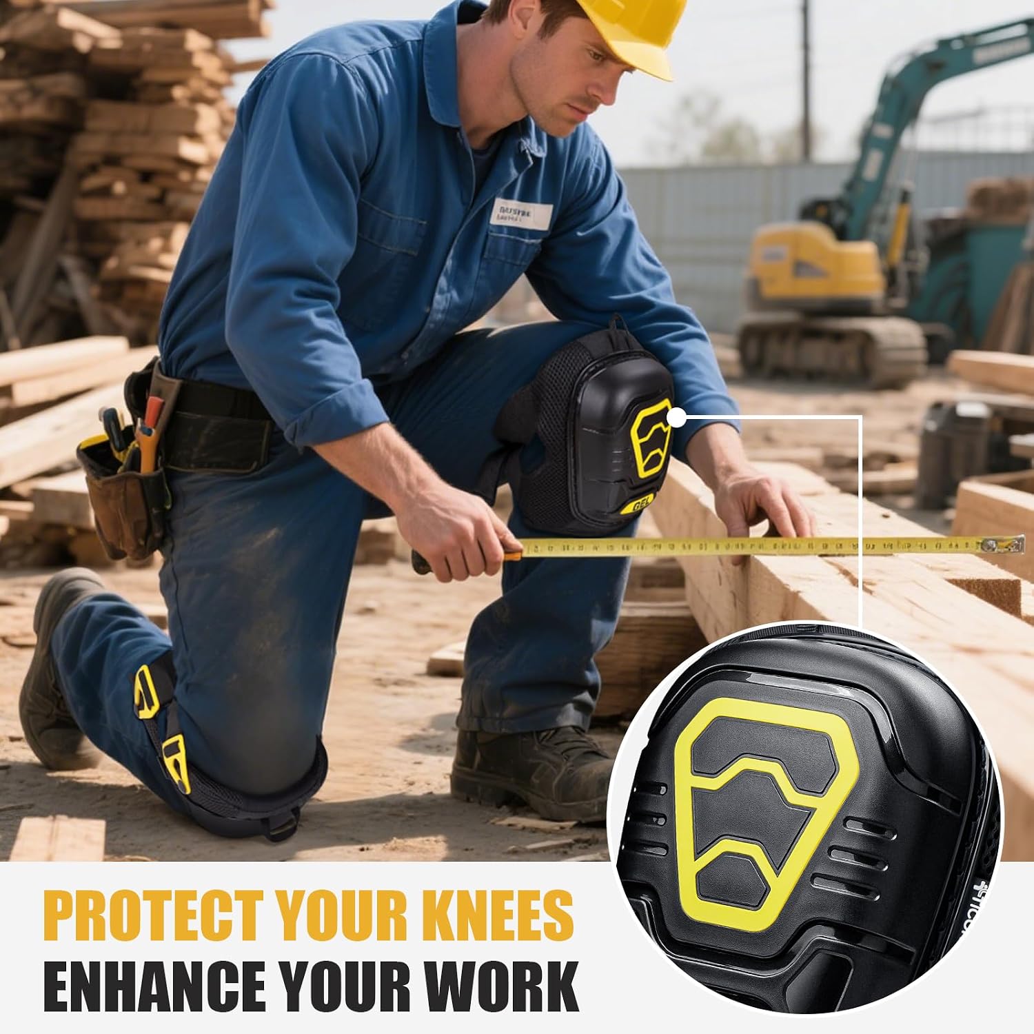 TICONN Gel Knee Pads for Work, Professional Heavy Duty Work Knee Pads for Men with Soft Foam and Gel Cushion for Men Construction, Garden, Flooring (Black/Yellow)