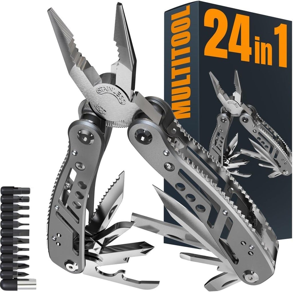 24-in-1 Multitool with Knife, Pliers & 11 Bits Sharp Stainless Steel - Multi Tool for Men - Ideal Gear with Tools for Camping Hiking, Survival, EDC - Best Gifts for Husband Boyfriend 2238