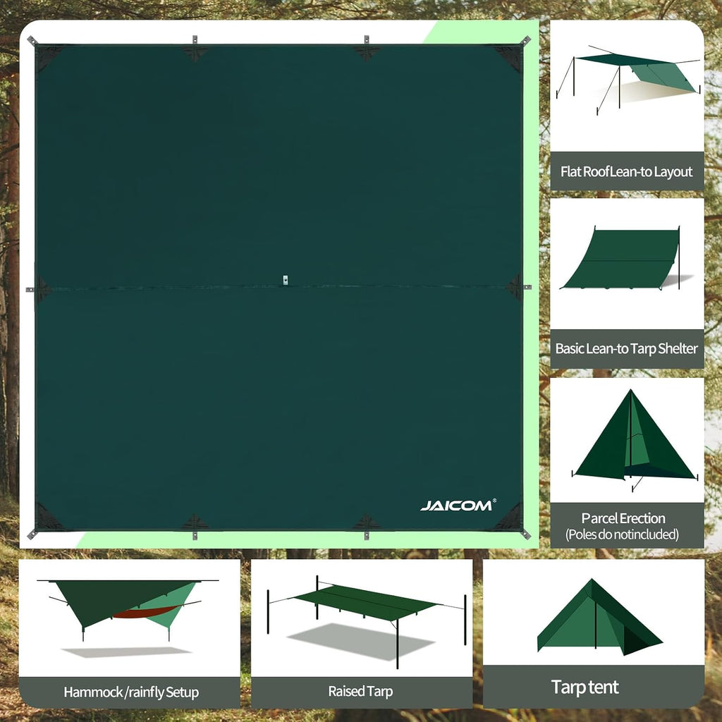 JAICOM Waterproof Camping Tarp - 10X10ft Hammock Rain Fly, Ultralight & Portable & UV Protection Backpacking Tarp, Multifunctional for Outdoor Adventure, Hiking, Tent, Hammock