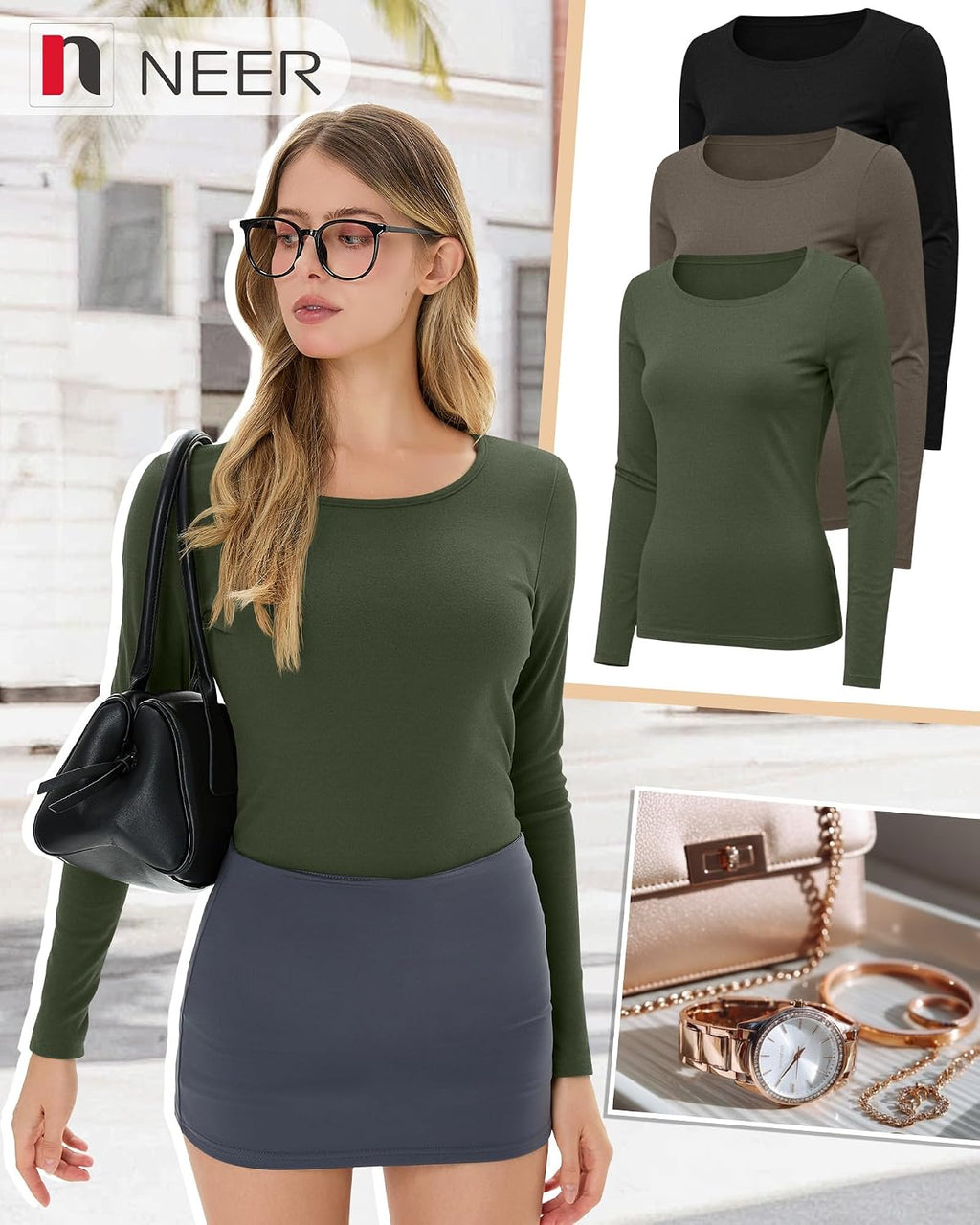 Neer 3 Pack Womens Thermal Shirts Crew Neck Fleece Lined Tops