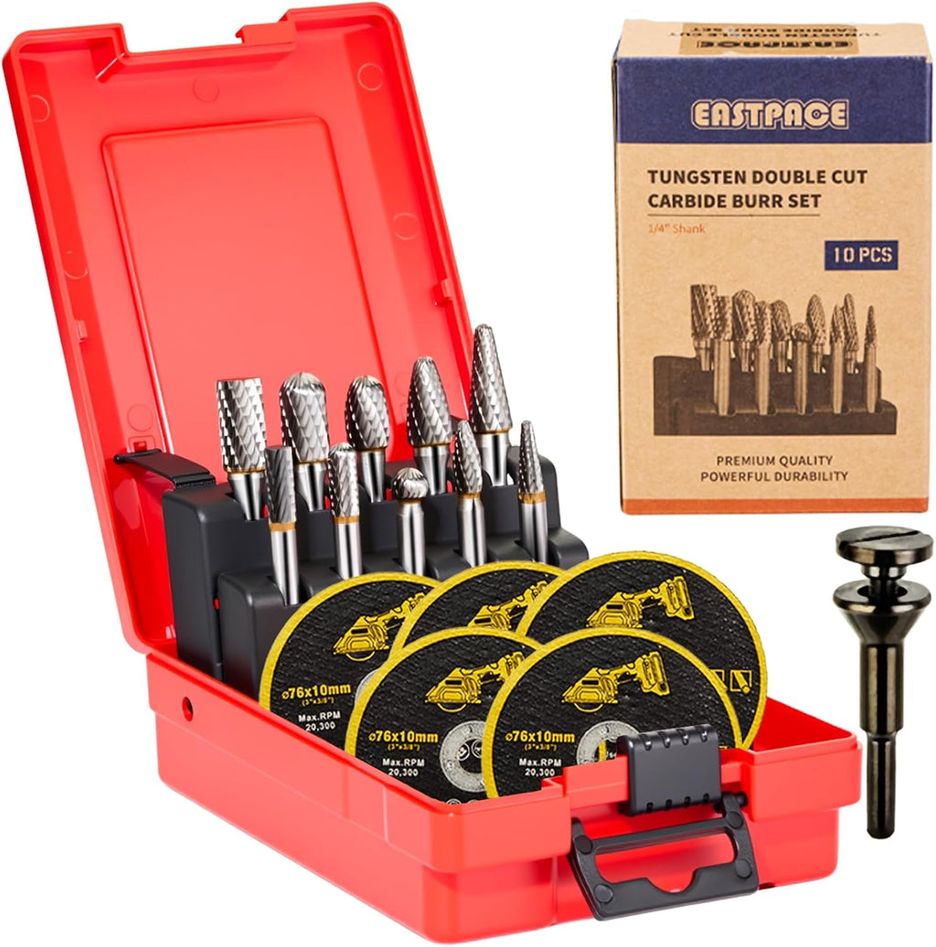 10 PCS 1/4" Shank Tungsten Carbide Burr Set Double Cut for Metal Grinding, Deburring Die Grinder Bits Fit Dewalt Milwaukee Die Grinders Accessories 1PC Mandrel & 5PC 3inch Cut Off Wheel