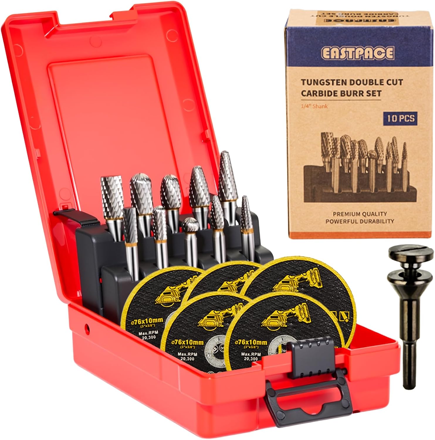 10 PCS 1/4" Shank Tungsten Carbide Burr Set Double Cut for Metal Grinding, Deburring Die Grinder Bits Fit Dewalt Milwaukee Die Grinders Accessories 1PC Mandrel & 5PC 3inch Cut Off Wheel