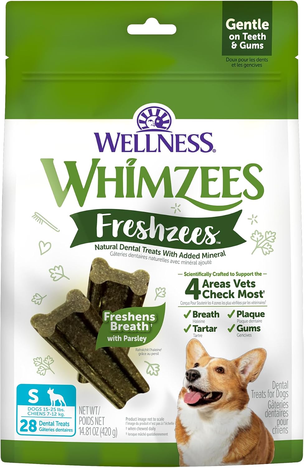 Wellness WHIMZEES Freshzees Natural Dog Dental Treat, Soft Chews, Freshens Breath, Small Size, 14.81 oz Bag, 28 Count