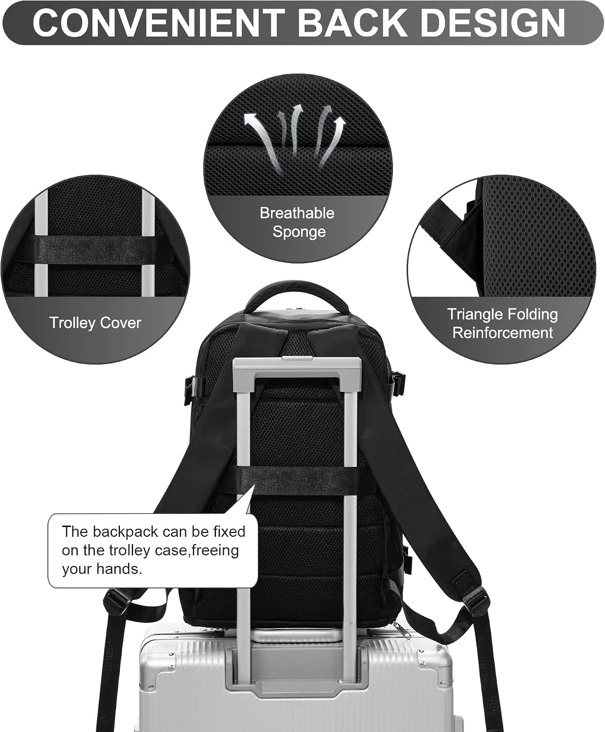 WONHOX Travel Backpack Women,Carry On Backpack Flight Approved 18x14x8 inches Bag Spirit Airlines Personal ltem,College Sports Hiking Rucksack Waterproof Casual Daypack Laptop Blackpack Men,Black