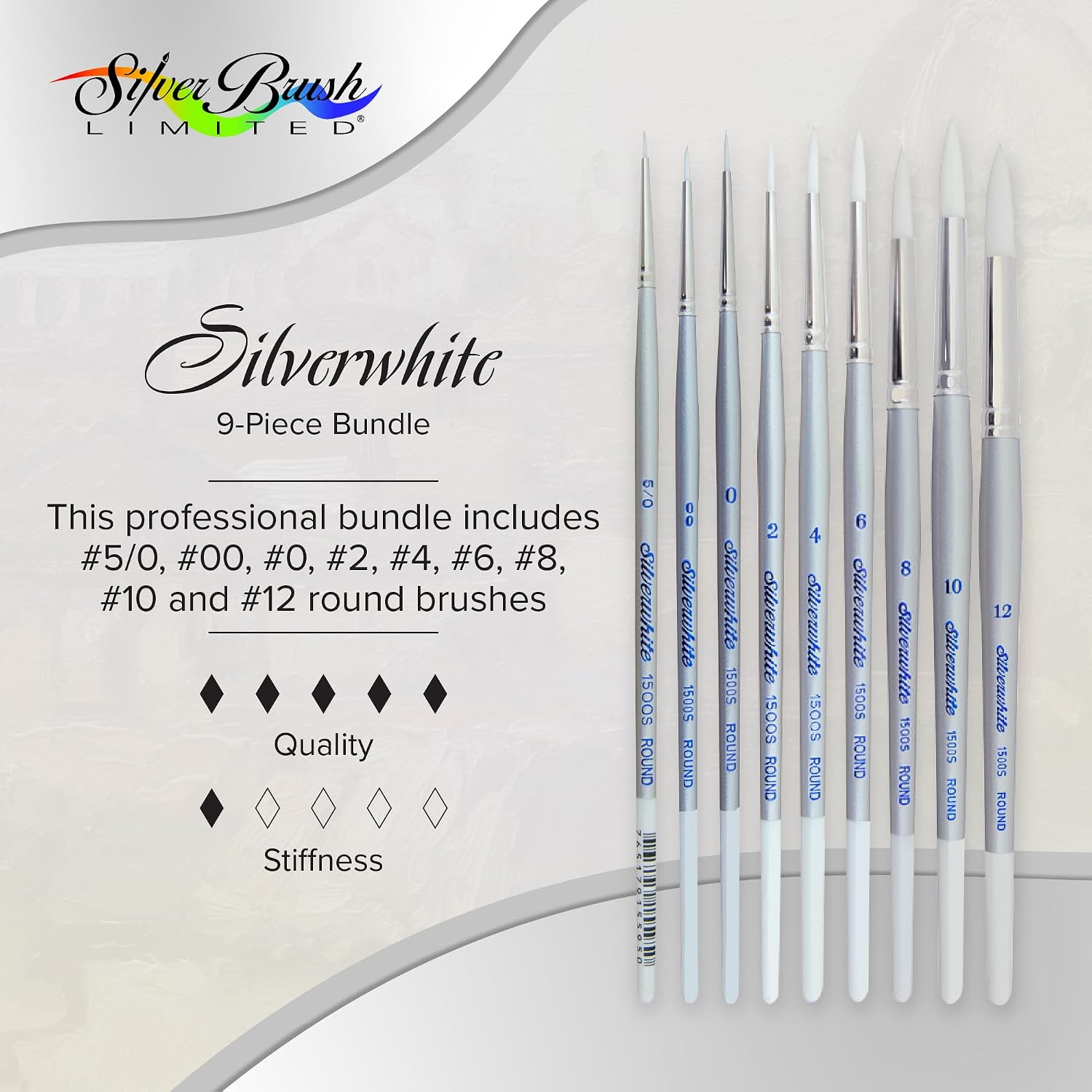 Silver Brush Limited Silverwhite Rounds Watercolor Paintbrush Set, 9pc