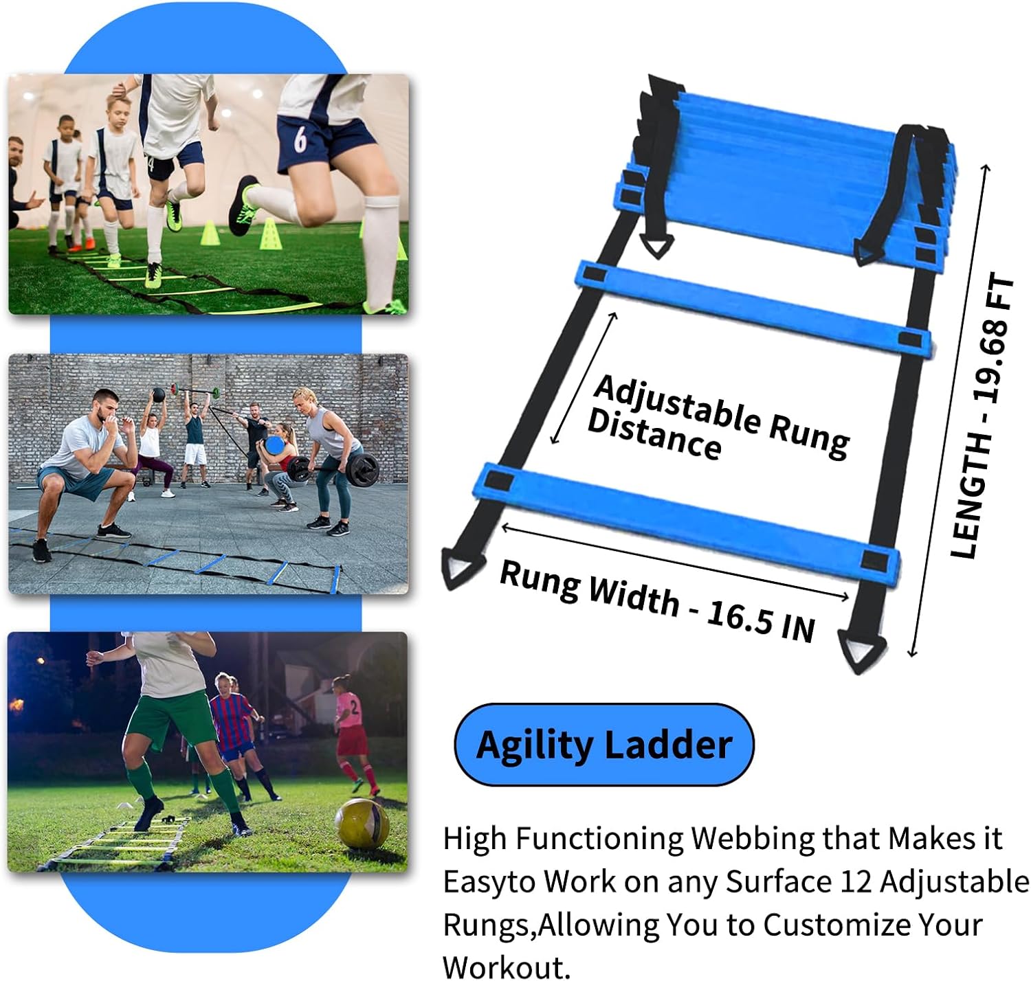 IHEPYQ Soccer Agility Training Equipment Set, 12 Rung 20Ft Agility Ladder, 12 Disc Cones, 4 Steel Stakes, Solo Soccer Trainer, Jump Rope - Speed Training Equipment for Soccer Football Basketball