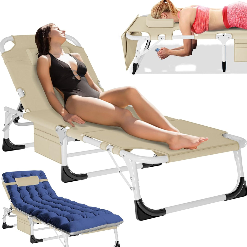 MOPHOTO Folding Tanning Chair, 5-Position Chaise Lounge with Face Hole