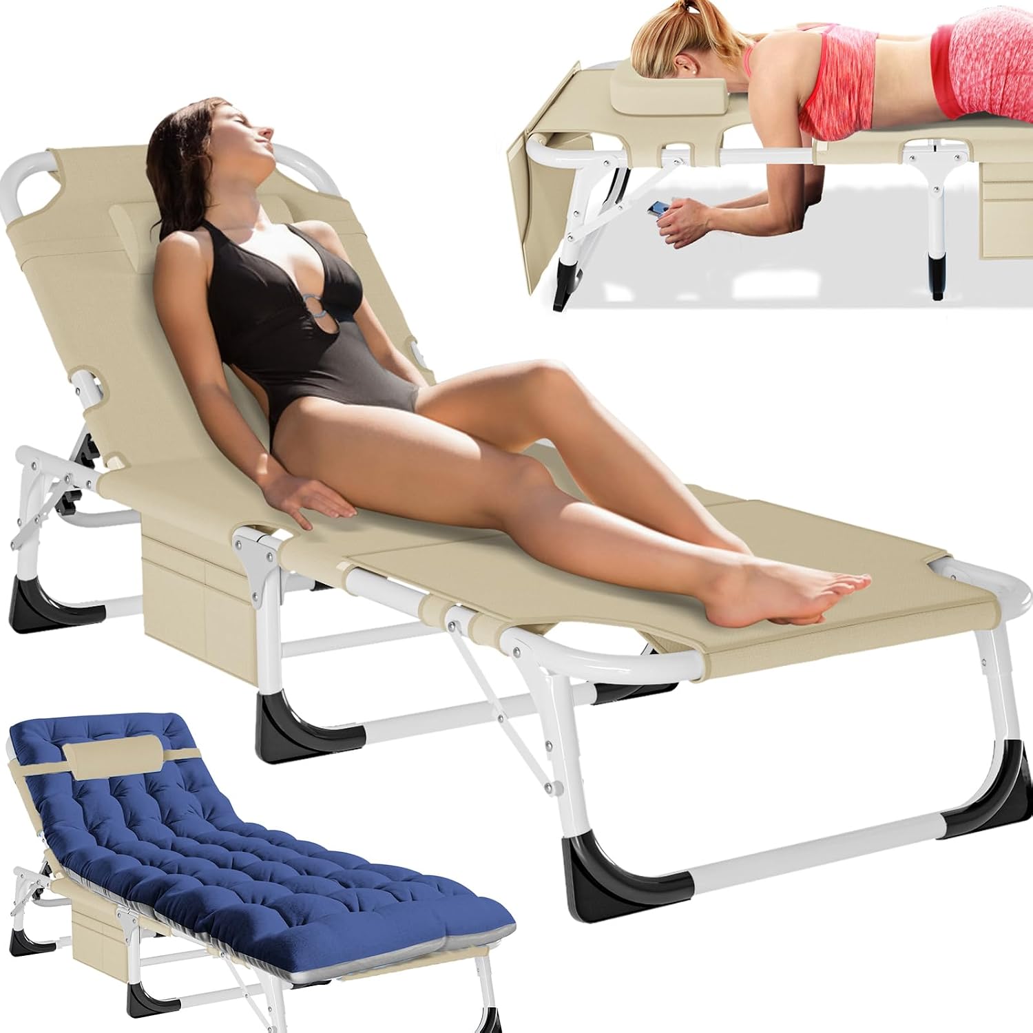 MOPHOTO Folding Tanning Chair, 5-Position Chaise Lounge with Face Hole
