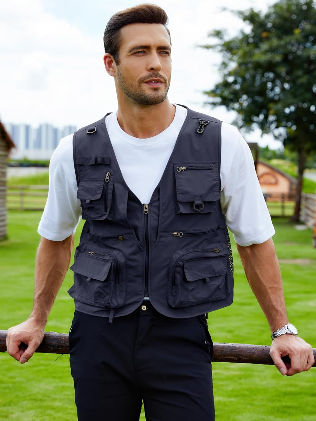 Gihuo Mens Fishing Vest Lightweight Utility Vests Cargo Outdoor Safari Travel Vest with Pockets