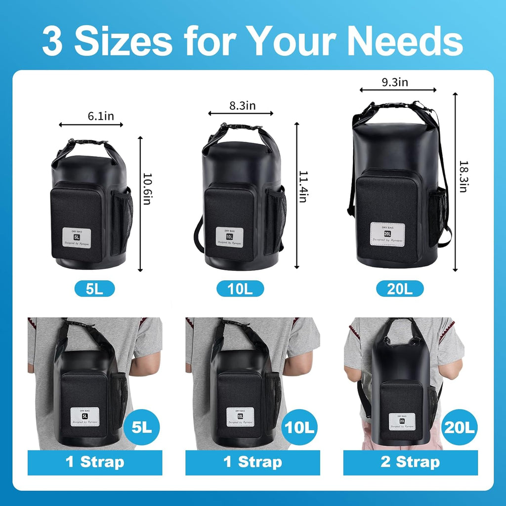 5L Waterproof Dry Bag with Bottle Holder & Mesh Pocket, 500D PVC Tarpaulin Roll Top Dry Sack with Inner Waterproof Adsorption Film, Lightweight Dry Bag for Kayaking, Beach, Boating, Fishing, Travel