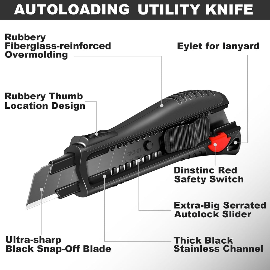 HAUTMEC 18mm Soft Grip Auto-Lock Utility Knife With Red Safety Switch, Sturdy Cutter with Ultra Sharp Black Snap-off Blade HT0081-4PC