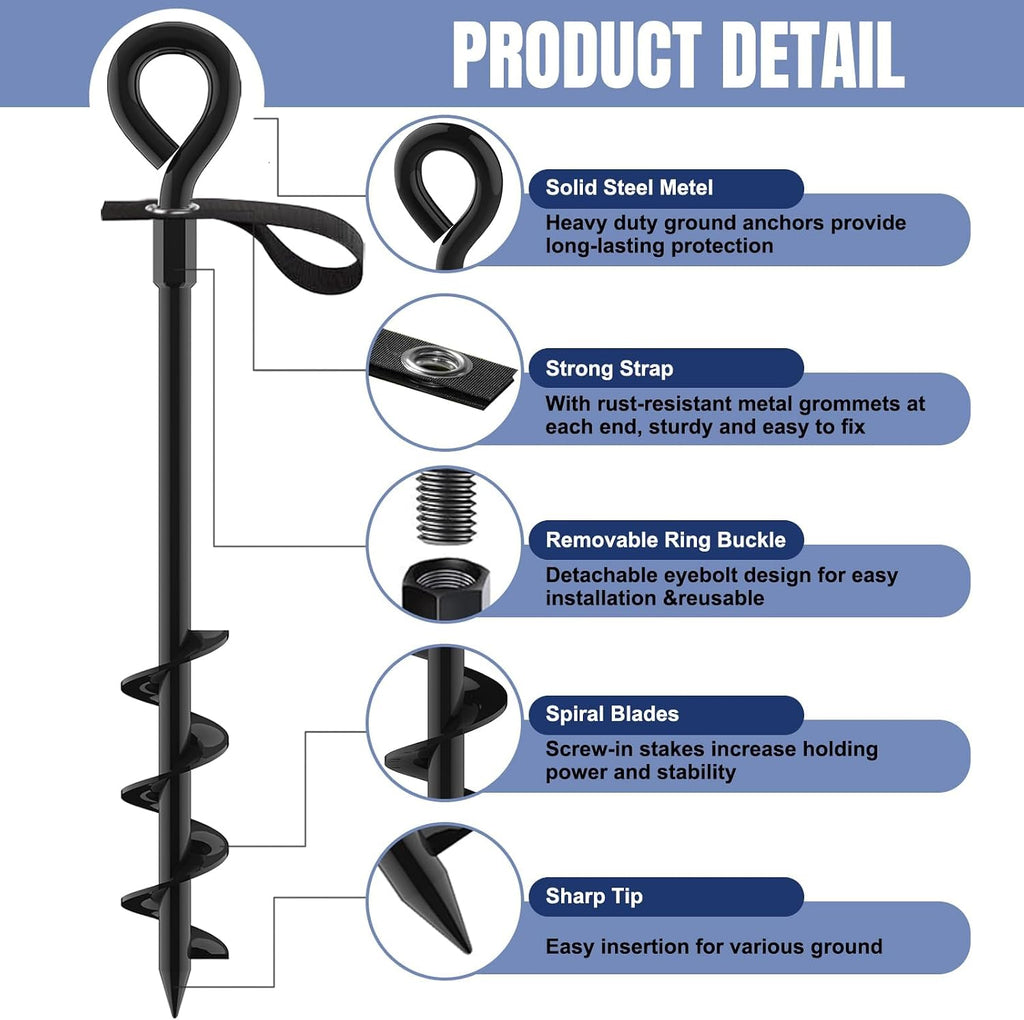 Eurmax USA 4 Pack Heavy Duty Ground Stakes&Anchors,Commercial Spiral Screw-in Trampoline Stakes with Reinforced Tie-Down Straps,High Wind Stabilizing Kit for Canopies,Outdoor Sheds,Swing Sets(Black)