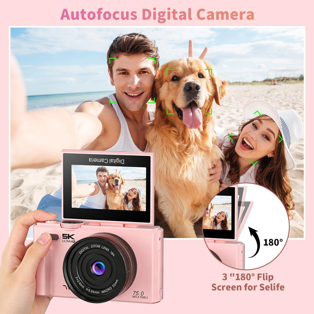 Ourlife 5K Digital Camera for Photography with Flip Screen,Pink Camera