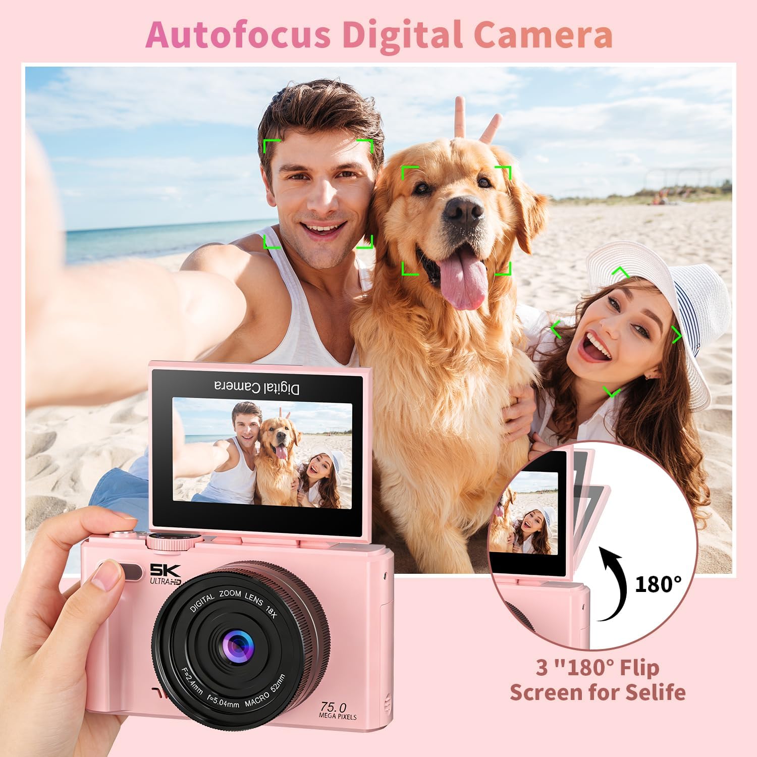 Ourlife 5K Digital Camera for Photography with Flip Screen,Pink Camera