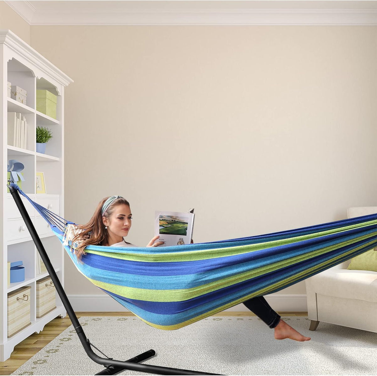 ANYOO Cotton Camping Hammock Portable with Tree Straps Holds 660lbs