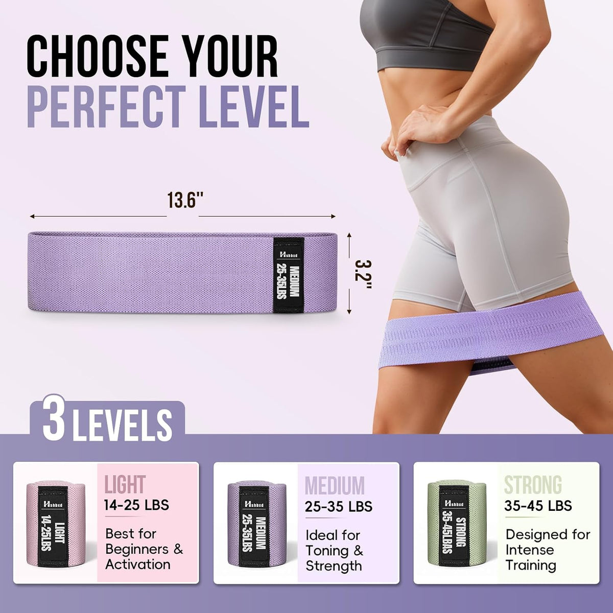 Fabric Resistance Band Set with Exercise Guide, 3 Levels for Hip and Glute