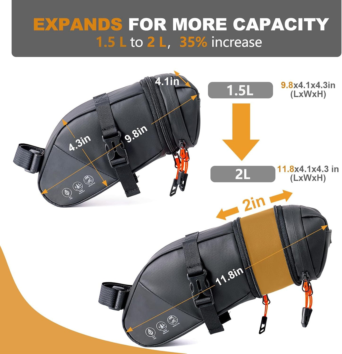 NDakter Bike Saddle Bag Expandable Under Seat Bicycle Seat Bag 1.5-2L