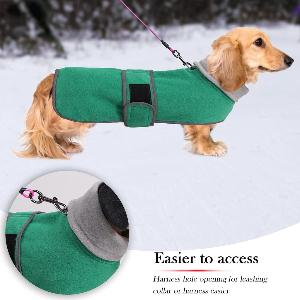 Geyecete Dachshund Sweaters - Dachshund Dog Jacket, Winter Coat with Padded Fleece Lining, High Collar, Adjustable Sizes - Green - M