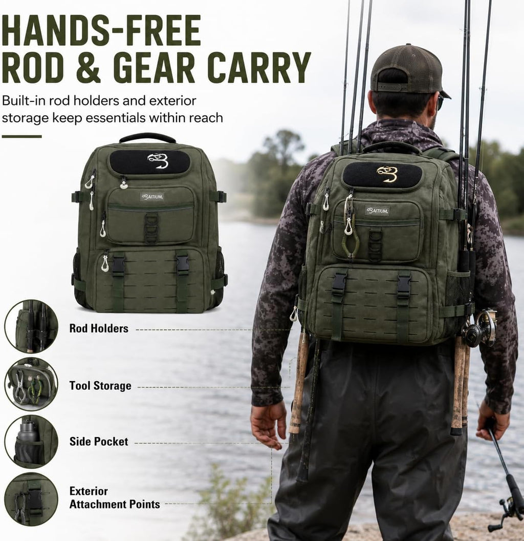 Baitium Fishing Backpack, Tackle Bag With Rod Holders, 40L Capacity With Cooler, Rain Cover, Insulated Pocket, 4 Tackle Trays Included - (Grey)