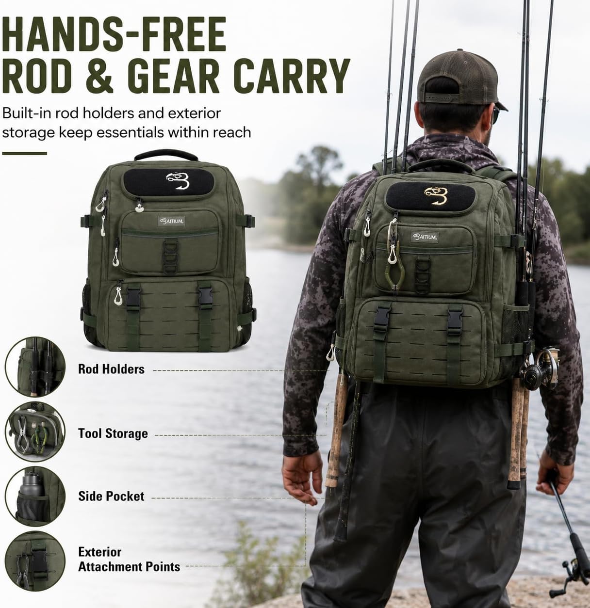 Baitium Fishing Backpack, Tackle Bag With Rod Holders, 40L Capacity With Cooler, Rain Cover, Insulated Pocket, 4 Tackle Trays Included - (Grey)