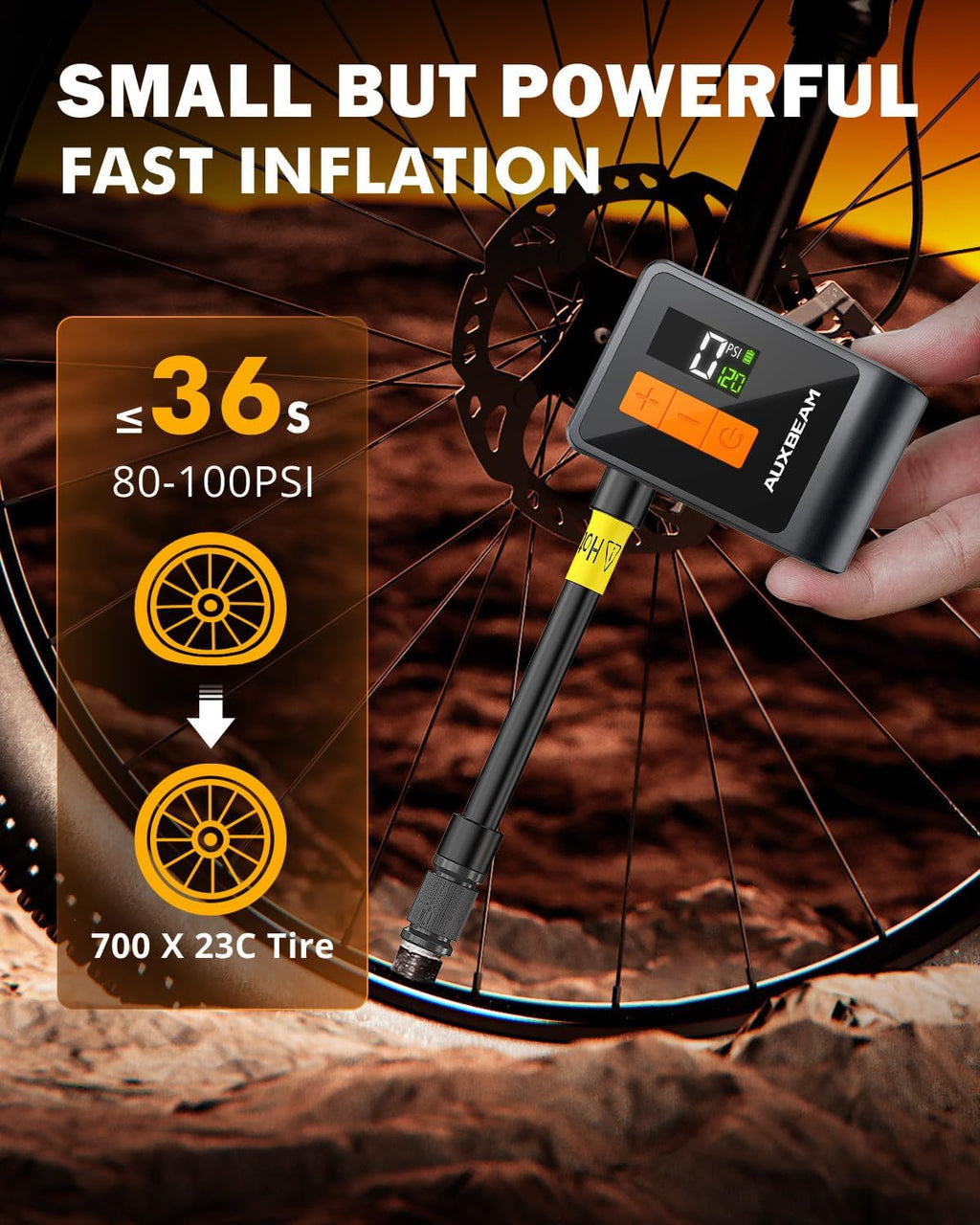 Auxbeam Tiny Bike Pump with Gauge, 120PSI Electric Bicycle Pump with Presta and Schrader Valve, Portable Air Pump for Road Bike, City, Mountain and E-Bike