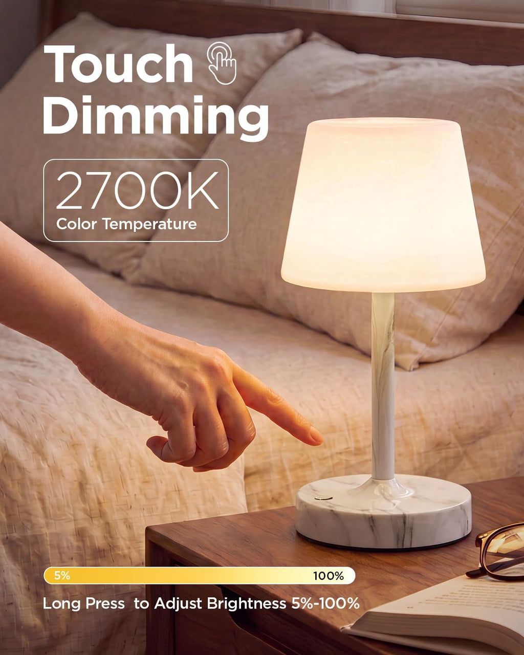 IP65 Waterproof Rechargeable Shower Lamp, Cordless Bathroom Touch Lamps