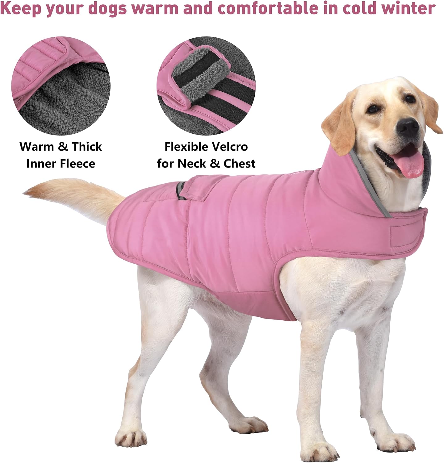 Petglad Dog Coat, Waterproof Dog Winter Jacket with Pocket, Reflective Adjustable Pet Snow Vest, Warm Cozy Fleece Sweater for Small Medium Extra Large Dogs - Light Pink, XS