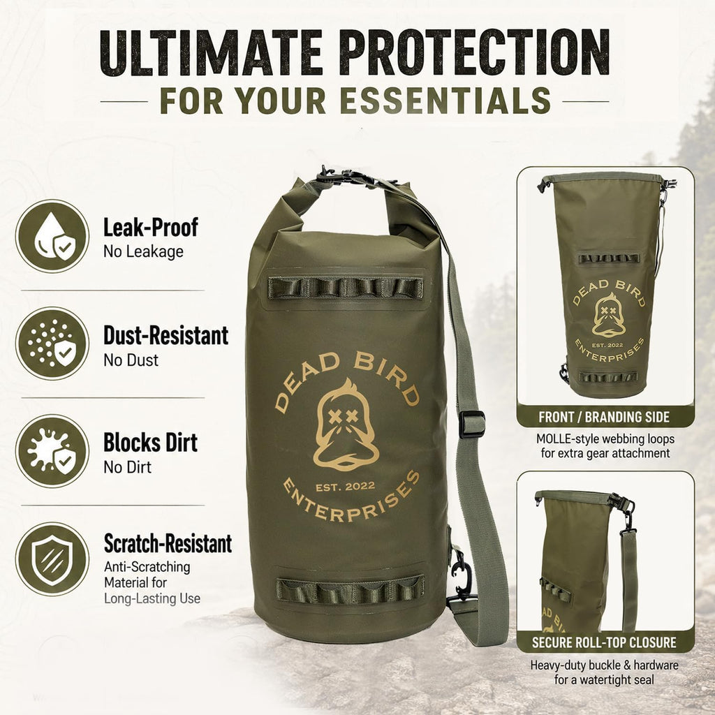 Dead Bird Enterprises Waterproof 20L Dry Bag, Military Green Shell Pouch with Roll Top Closure for Duck Hunting, Kayaking, Camping, Beach, Boating & Fishing, 500D PVC Tarpaulin Waterproof Shell Bag
