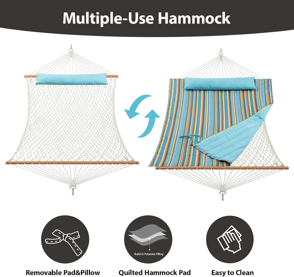 CHULIM Outdoor Double Hammock with Hardwood Spreader Bars, Large Rope Hammock with Polyester Pad and Pillow, 475 LBS Capacity for 2 Person Patio Backyard Poolside - Bule Stripe